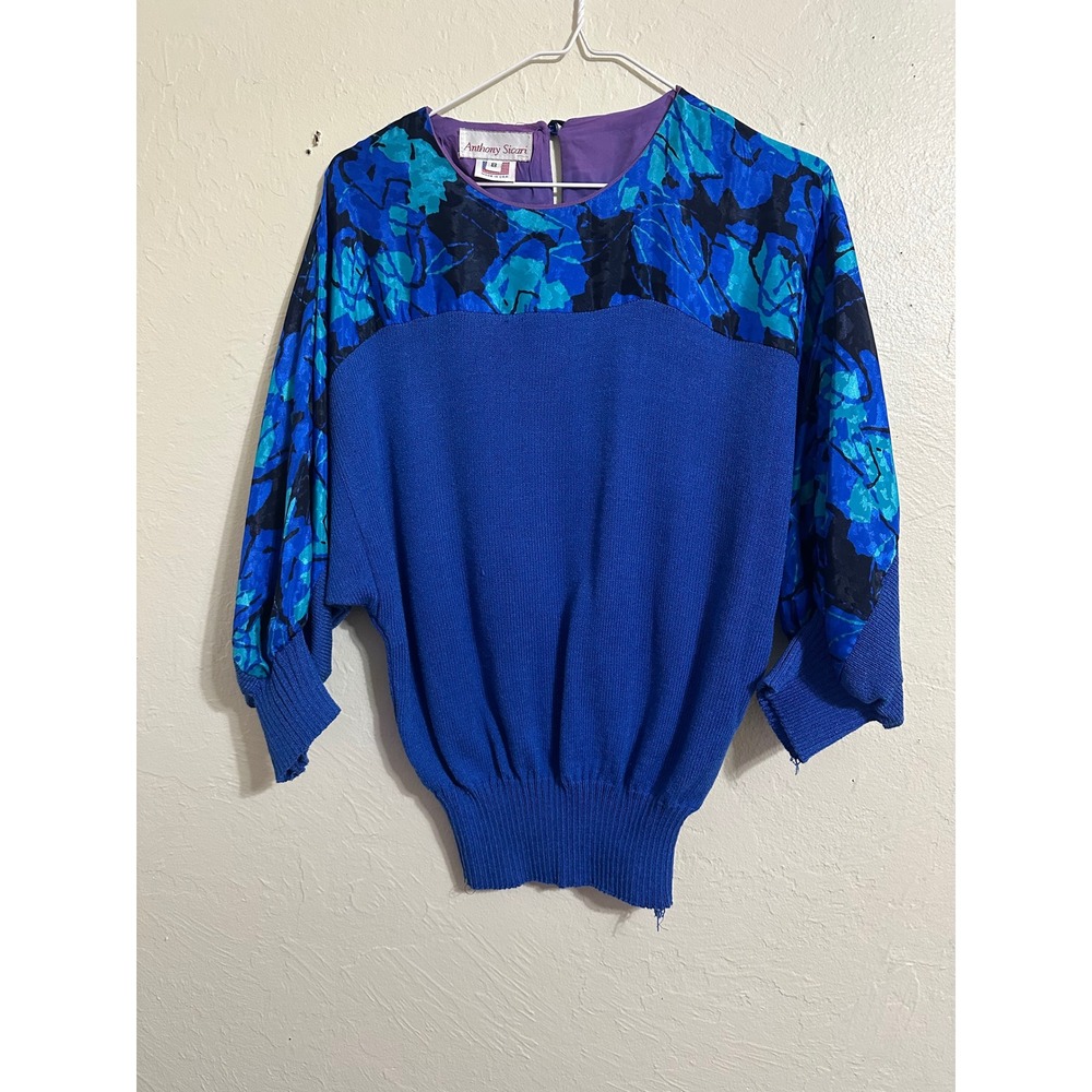 Vtg 80's Anthony Sicari Blue Floral Print Sweater 8 Dolman Knit Avant Grande